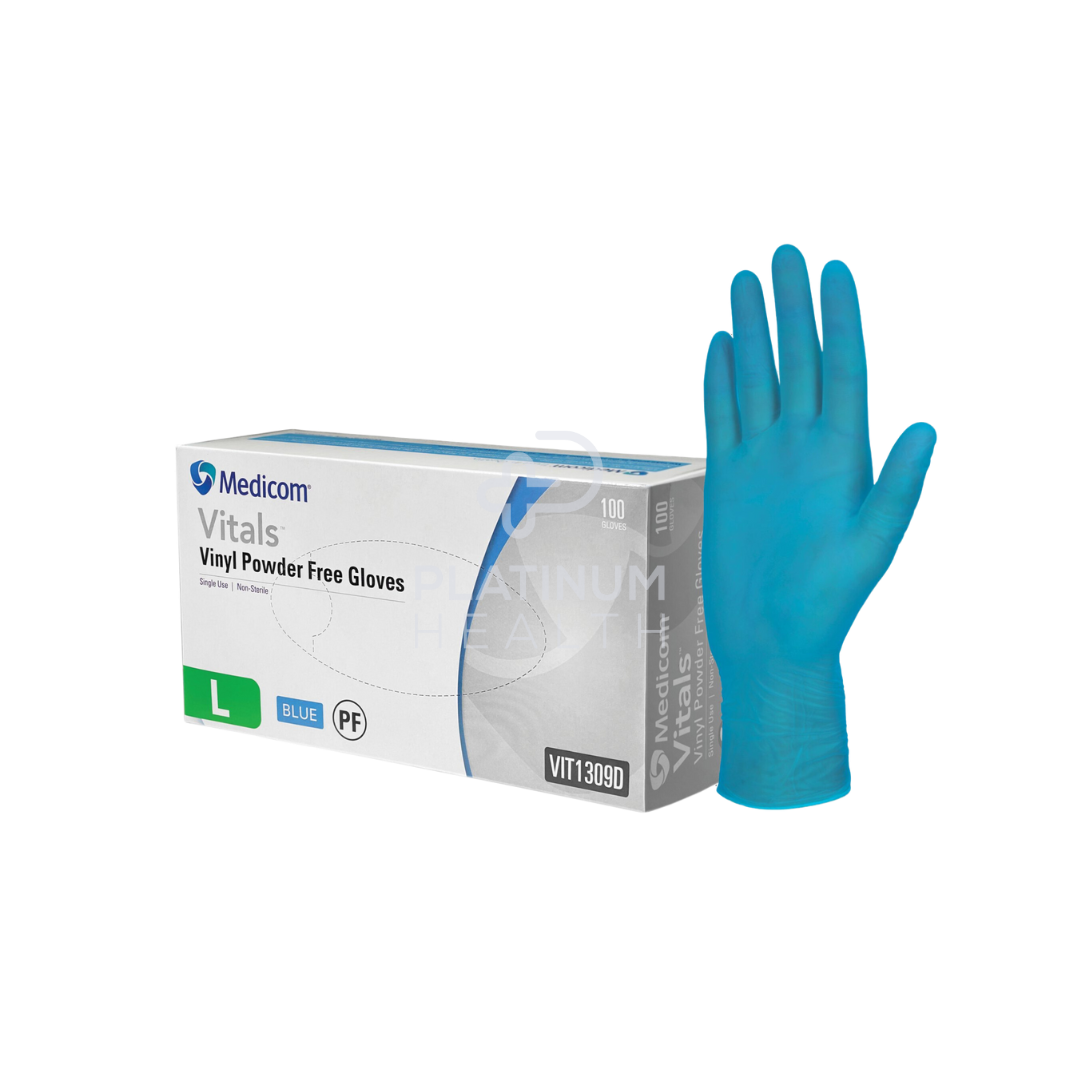 Medicom Vitals Vinyl Blue Powder Free Gloves Examination