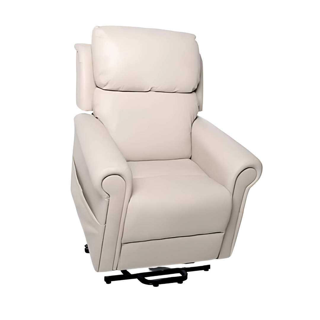 AAL Quad Motor Royale Chadwick Leather Lift Chair in Taupe Beige featuring powered headrest and lumbar support with premium leather finish.