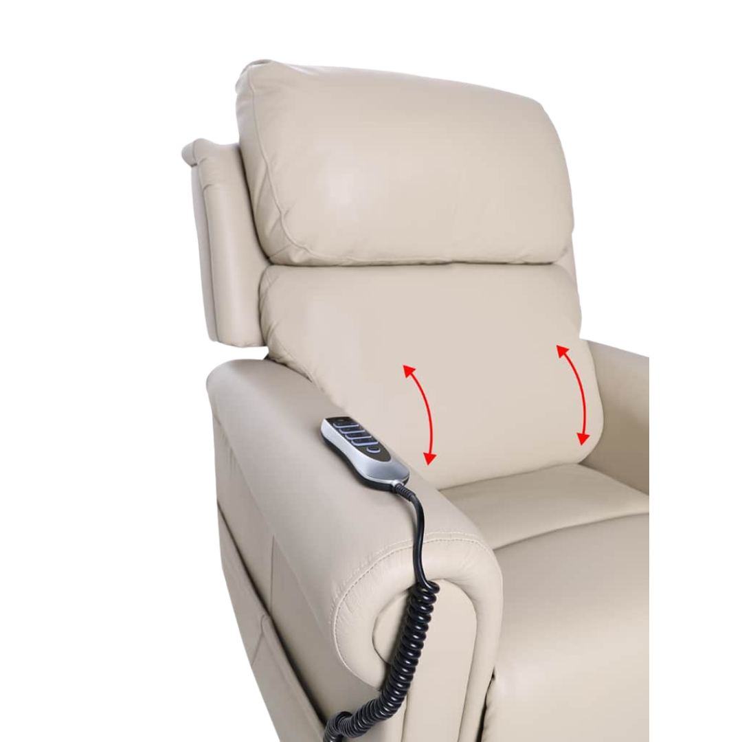 AAL Quad Motor Royale Chadwick Leather Lift Chair in Taupe Beige featuring powered headrest and lumbar support with premium leather finish.