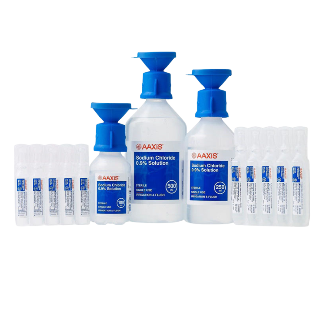 AAXIS Sodium Chloride 0.9% Solution mixed pack with bottles and ampoules in various sizes