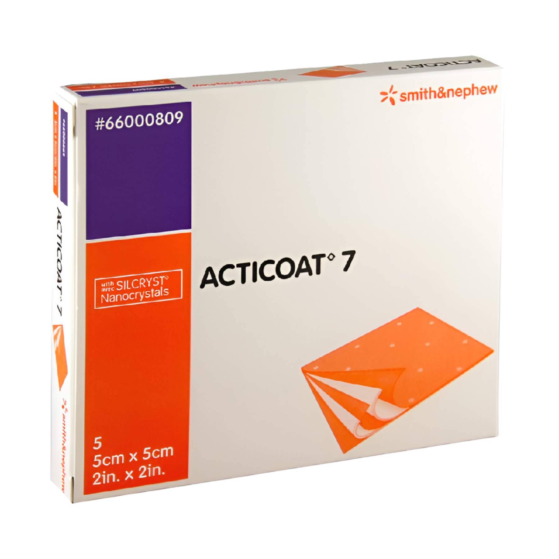 Smith & Nephew ACTICOAT 7 antimicrobial silver barrier dressing box, 5-count, showing the 7-day duration indicator.