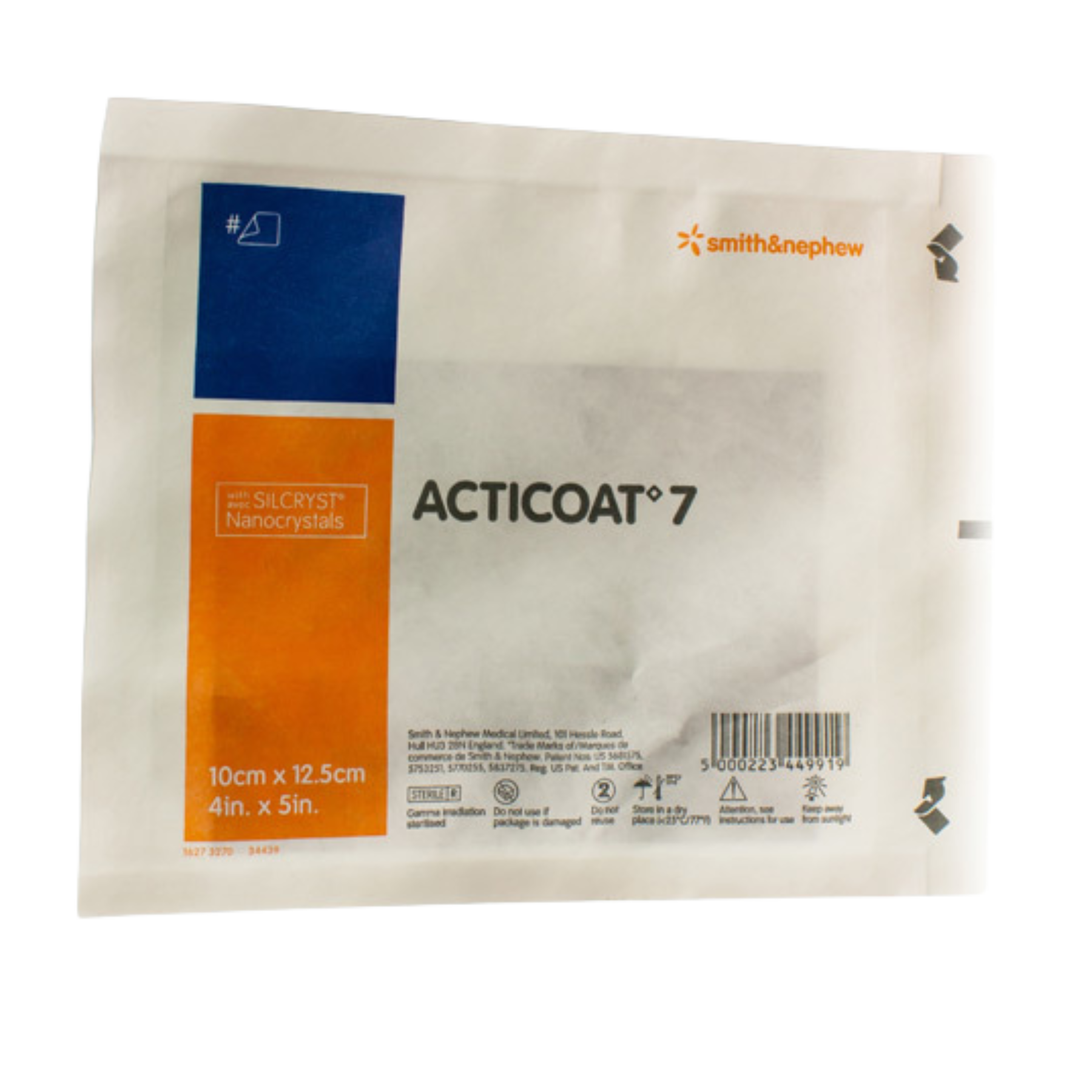 Sterile individual peel-pouch for an ACTICOAT 7 silver antimicrobial dressing, 10cm x 12.5cm size.