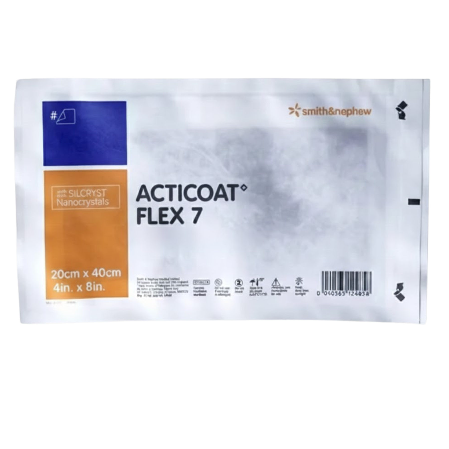 A sterile individual pouch for ACTICOAT Flex 7 antimicrobial silver dressing, sized 20cm x 40cm (8in. x 16in.).