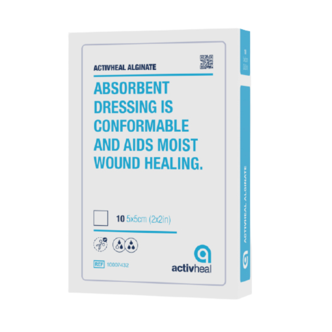 ActivHeal Alginate Dressing 5x5cm provides absorbent calcium alginate wound care, ensuring secure coverage and effective healing for small wounds.
