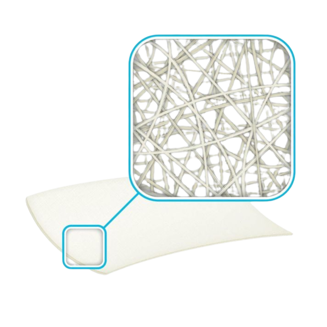 Macro view of the ActivHeal Alginate pad showing a magnified, crisscrossed fiber network for high absorbency.
