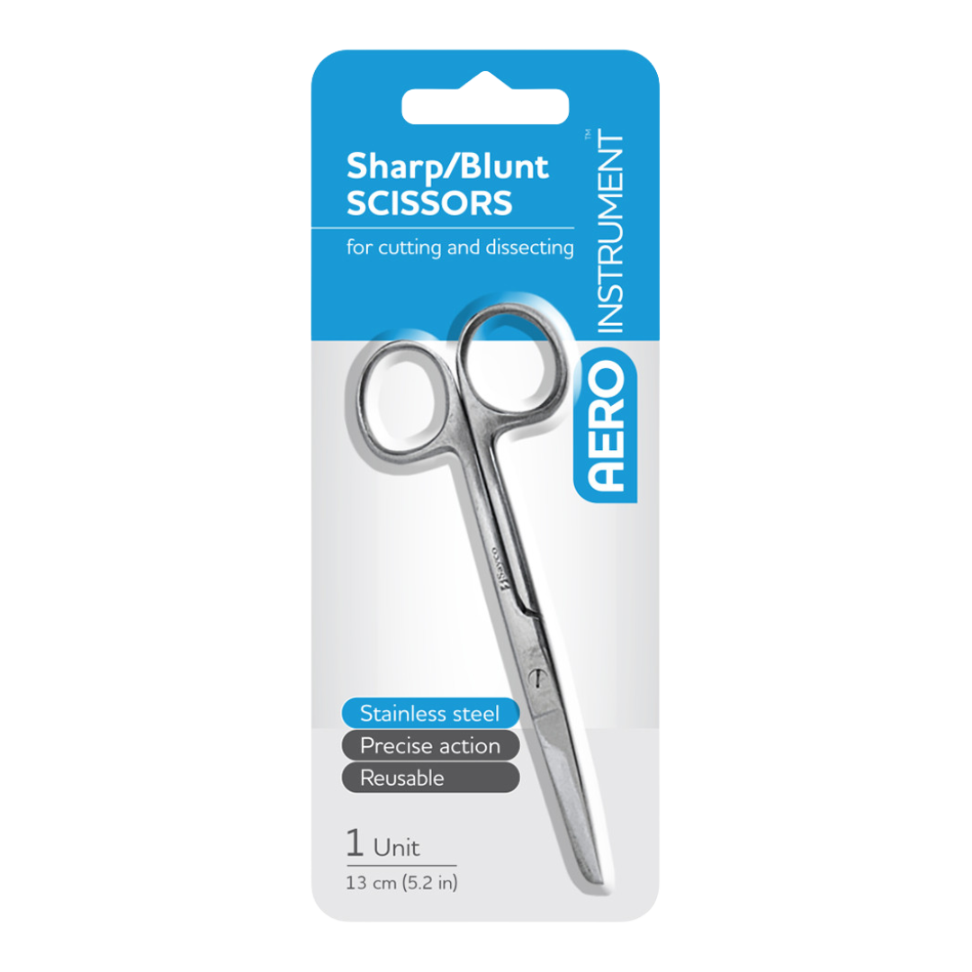 AERO INSTRUMENT ASC13 13cm stainless steel sharp/blunt scissors in original packaging, designed for cutting and dissecting, highlighting the precise action and reusable features.