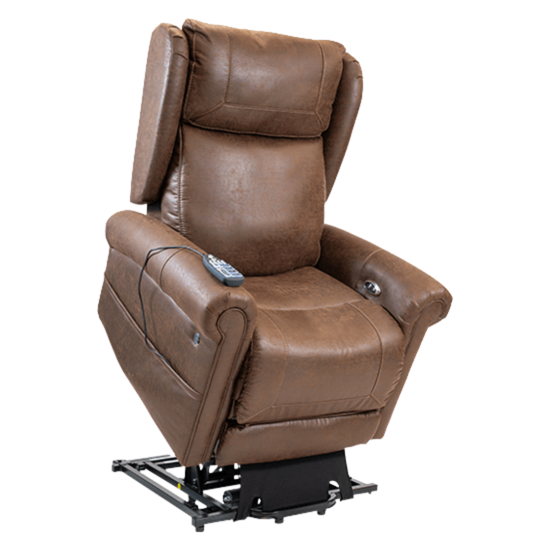 Aspire Gabriel X lift chair in the powered tilt-to-stand position, showing the heavy-duty base and remote control.