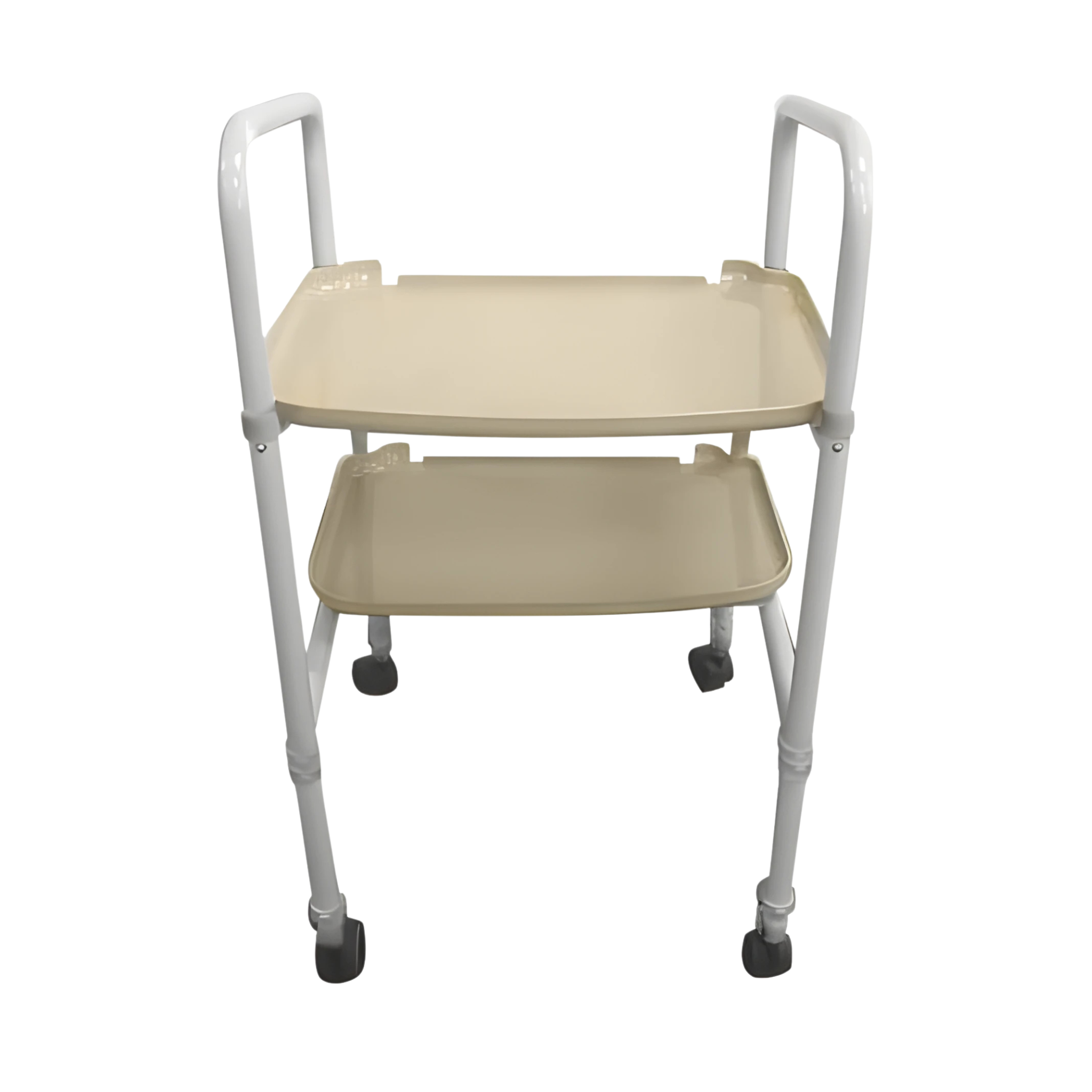 Two-tiered rolling cart with beige trays on a white background