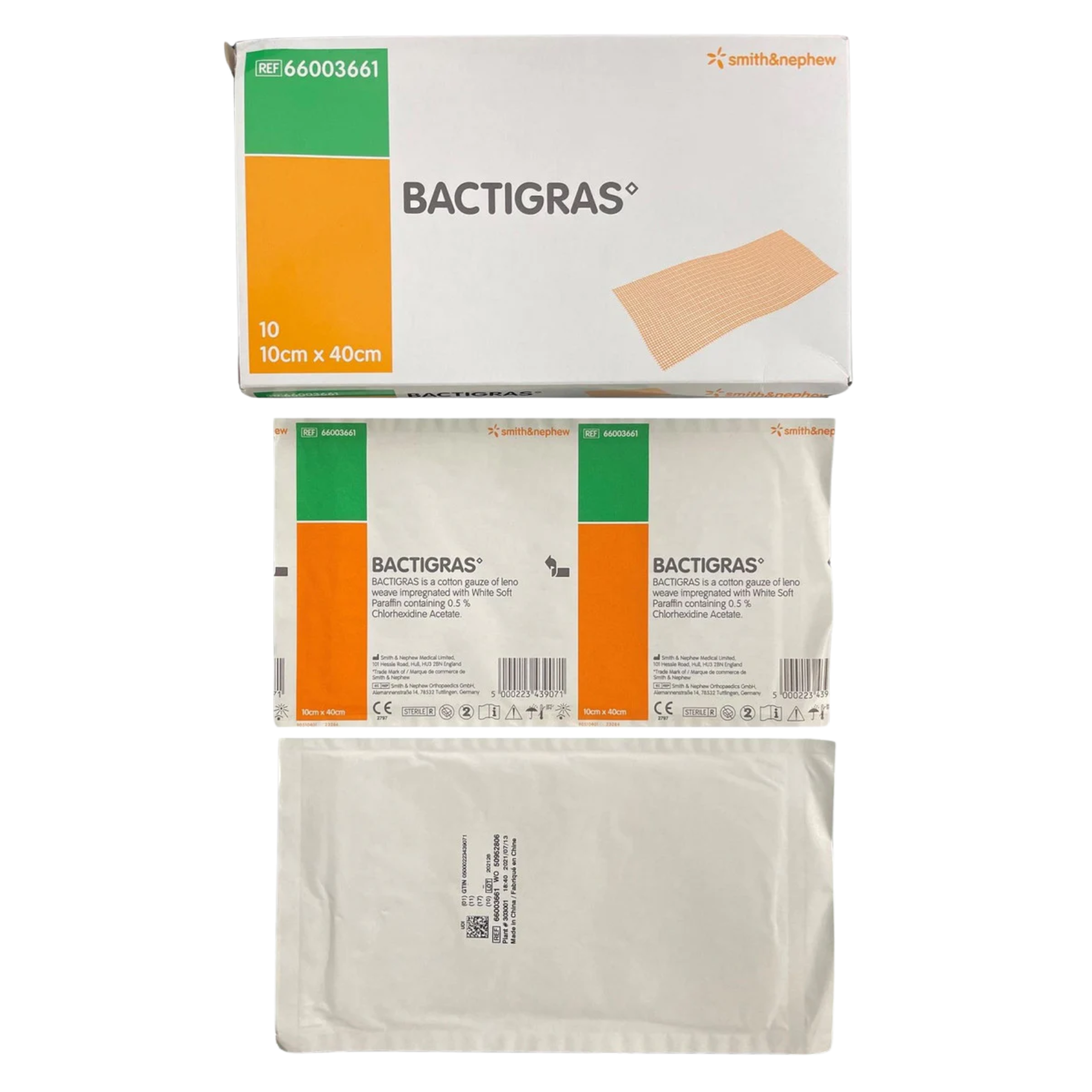 Product display showing the BACTIGRAS 10cm by 40cm box alongside two individual sterile pouches and a back view of a pouch.