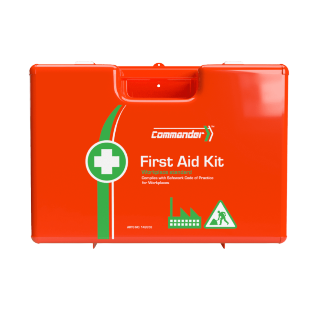 Closed view of the bright orange Commander First Aid Kit, Worksafe Standard, with the white and green cross logo.