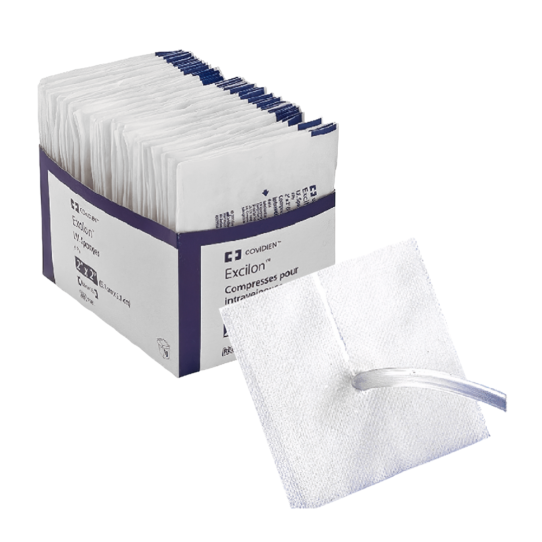 Open box of Covidien Excilon I.V. Sponges with a single sponge in the foreground demonstrating how a tube is placed through the pre-cut slit.