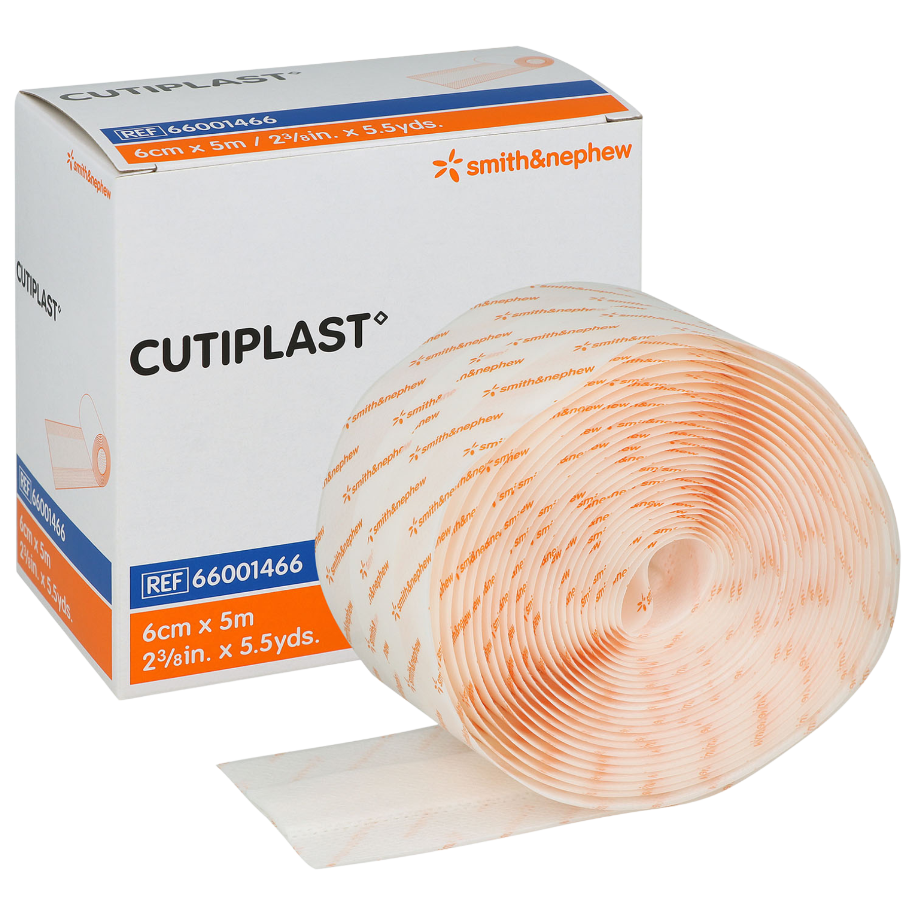 A 6cm by 5m roll of Cutiplast breathable fabric dressing next to its white and orange retail box.