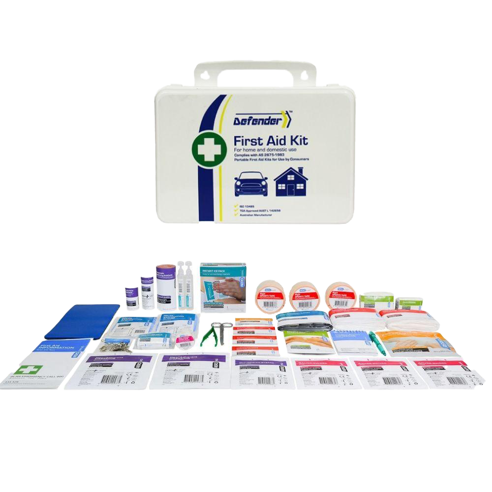 A product photo of the white, hard-plastic Defender First Aid Kit (likely the 3 Series) which is explicitly labeled as weather-resistant or waterproof. The image may show the closed case, highlighting its durable construction, handle, and the distinctive green cross and branding.