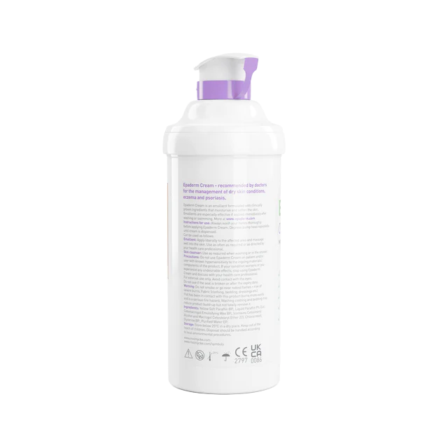 Large 500g bottle of Epaderm Cream with a convenient pump dispenser, showing the clinical branding for professional and home-based dermatological care.