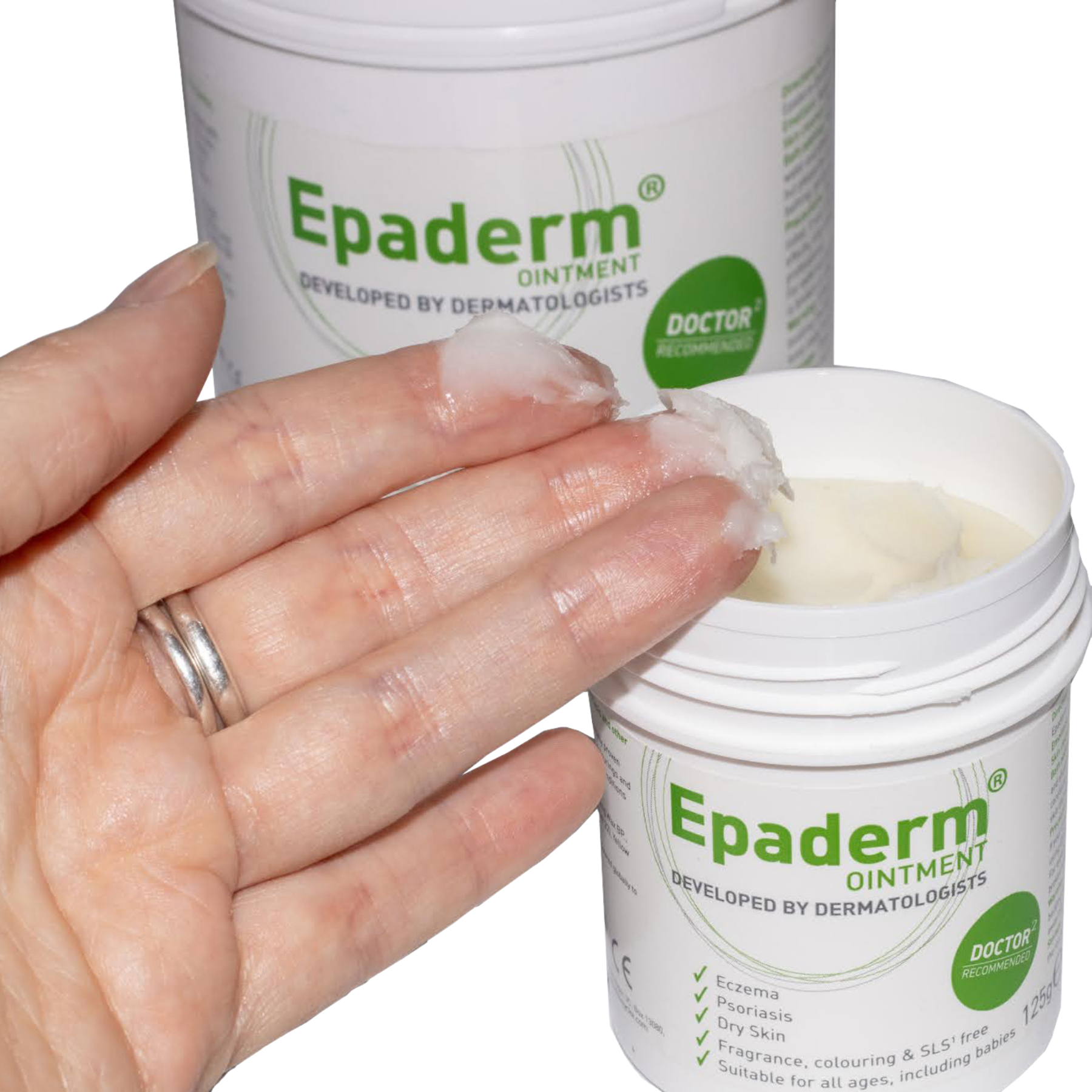 Close-up of Epaderm Ointment’s greasy, water-free texture, designed to lock in moisture and create a protective barrier on very dry or cracked skin.