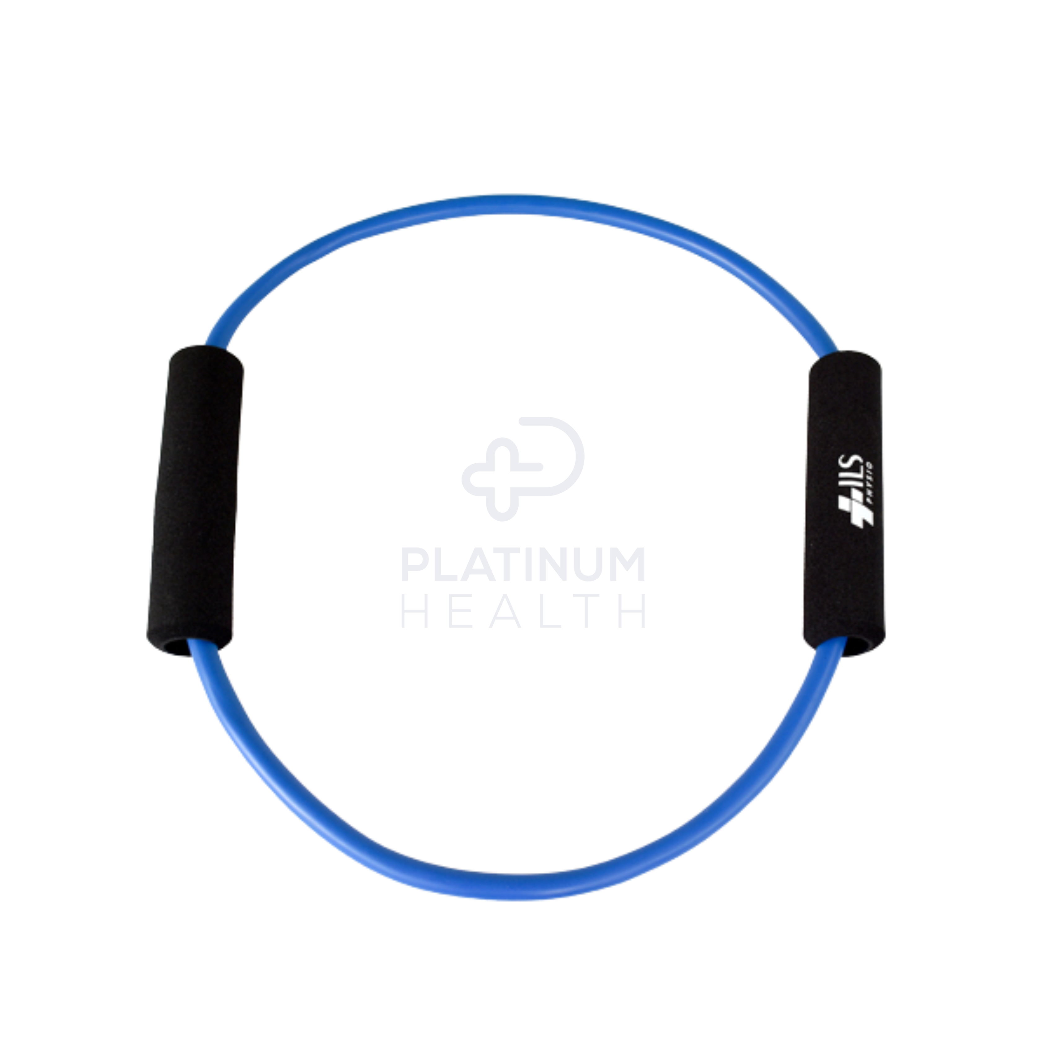 Flatlay view of the ILS Physio Firm Blue Exercise Tube O-Ring, showcasing its durable looped design and firm resistance level for strength training and rehabilitation