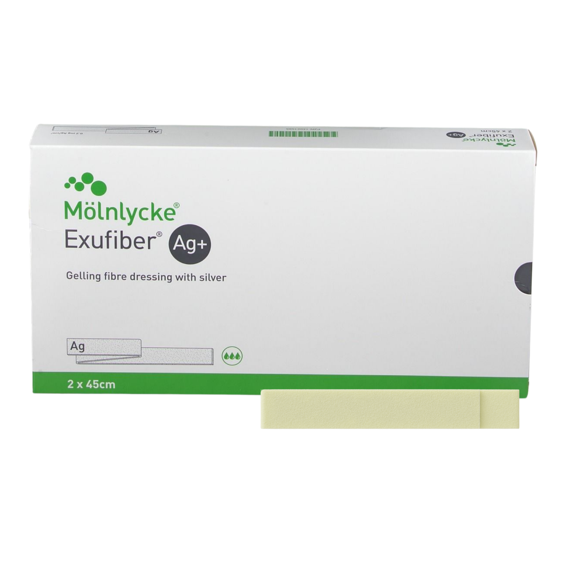 A box of Exufiber Ag plus shown with a sample of the long, thin, light-yellow gelling fiber ribbon used for deep wound packing.