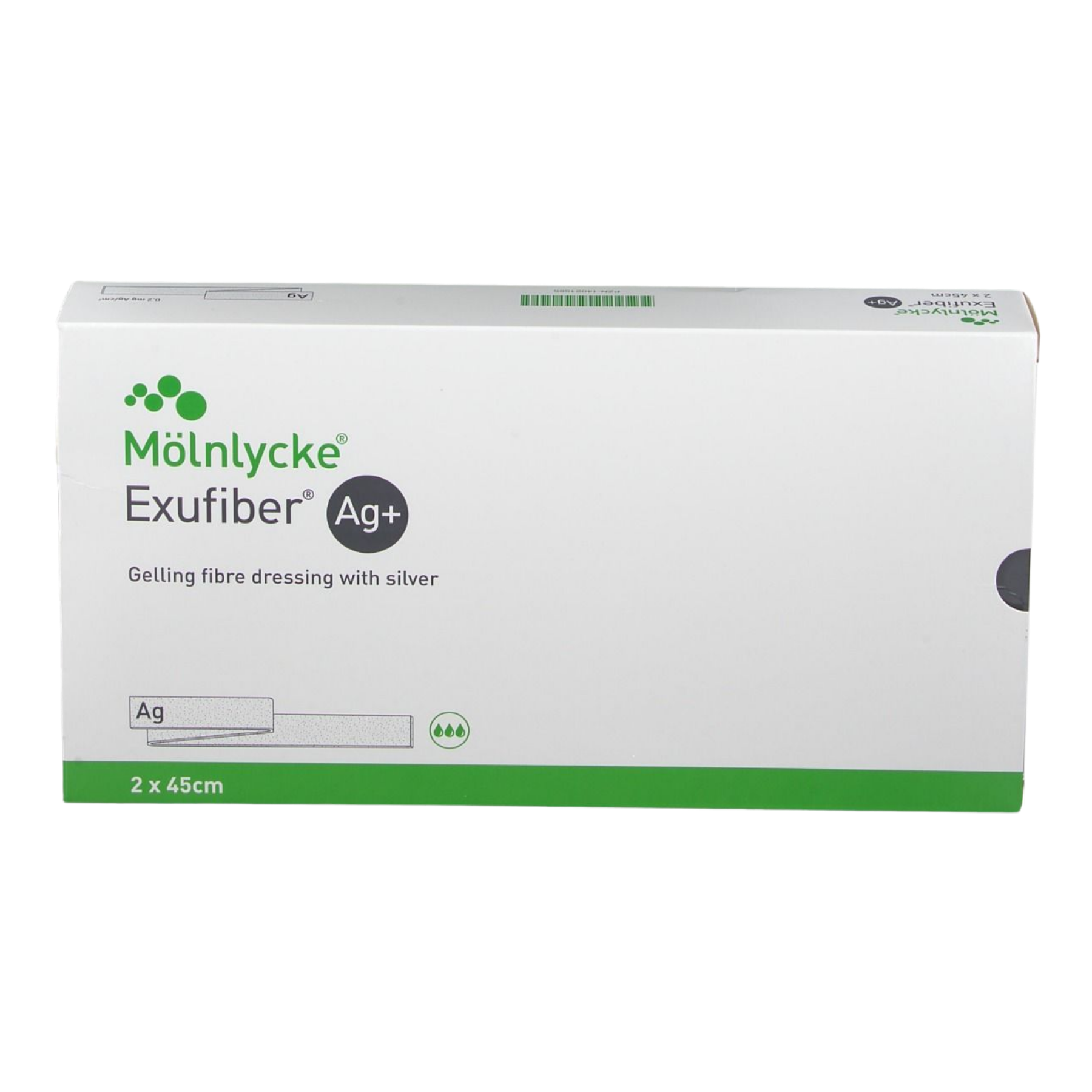 A white and green box for Mölnlycke Exufiber Ag plus, a gelling fiber dressing with silver, in a 2 by 45 cm ribbon format.