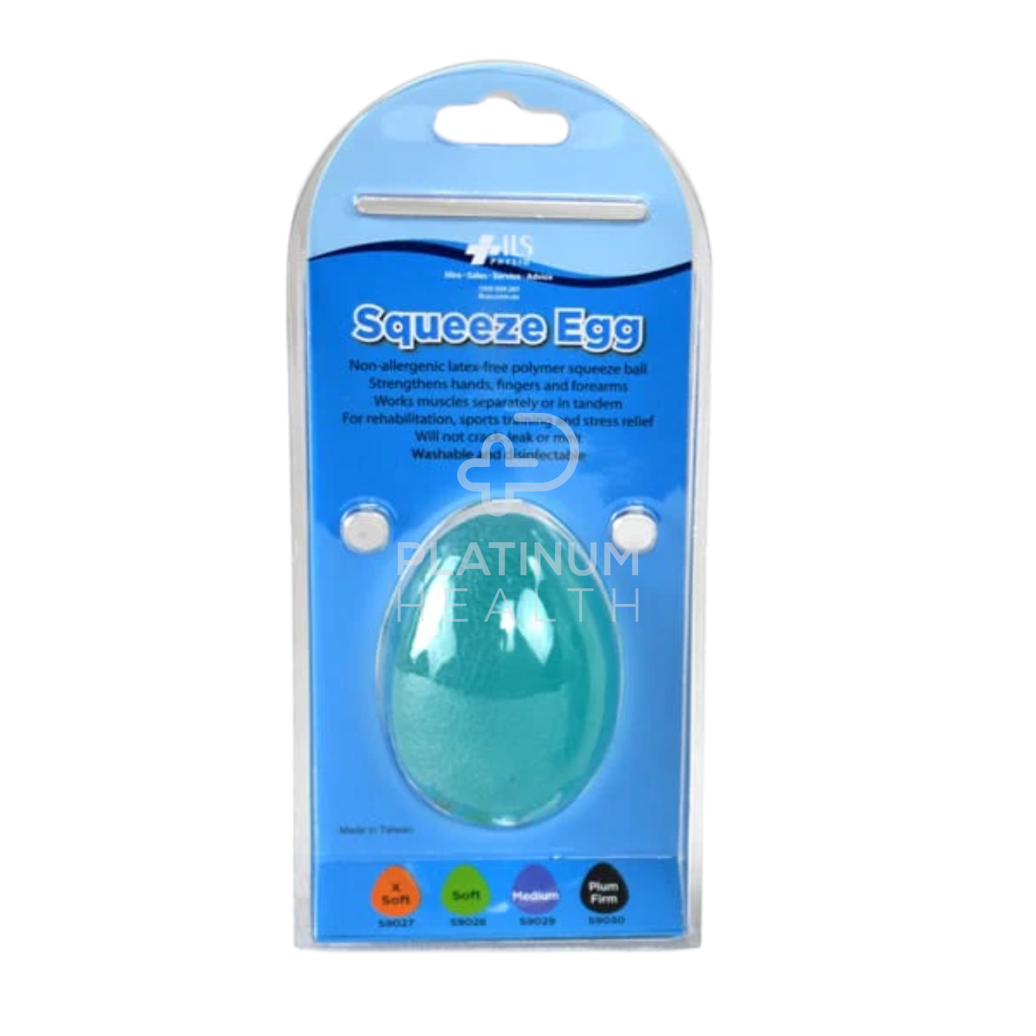 Retail packaging of the ILS Physio Medium Blue Hand Egg Therapy Exerciser, featuring a durable design for physiotherapy and hand therapy exercises