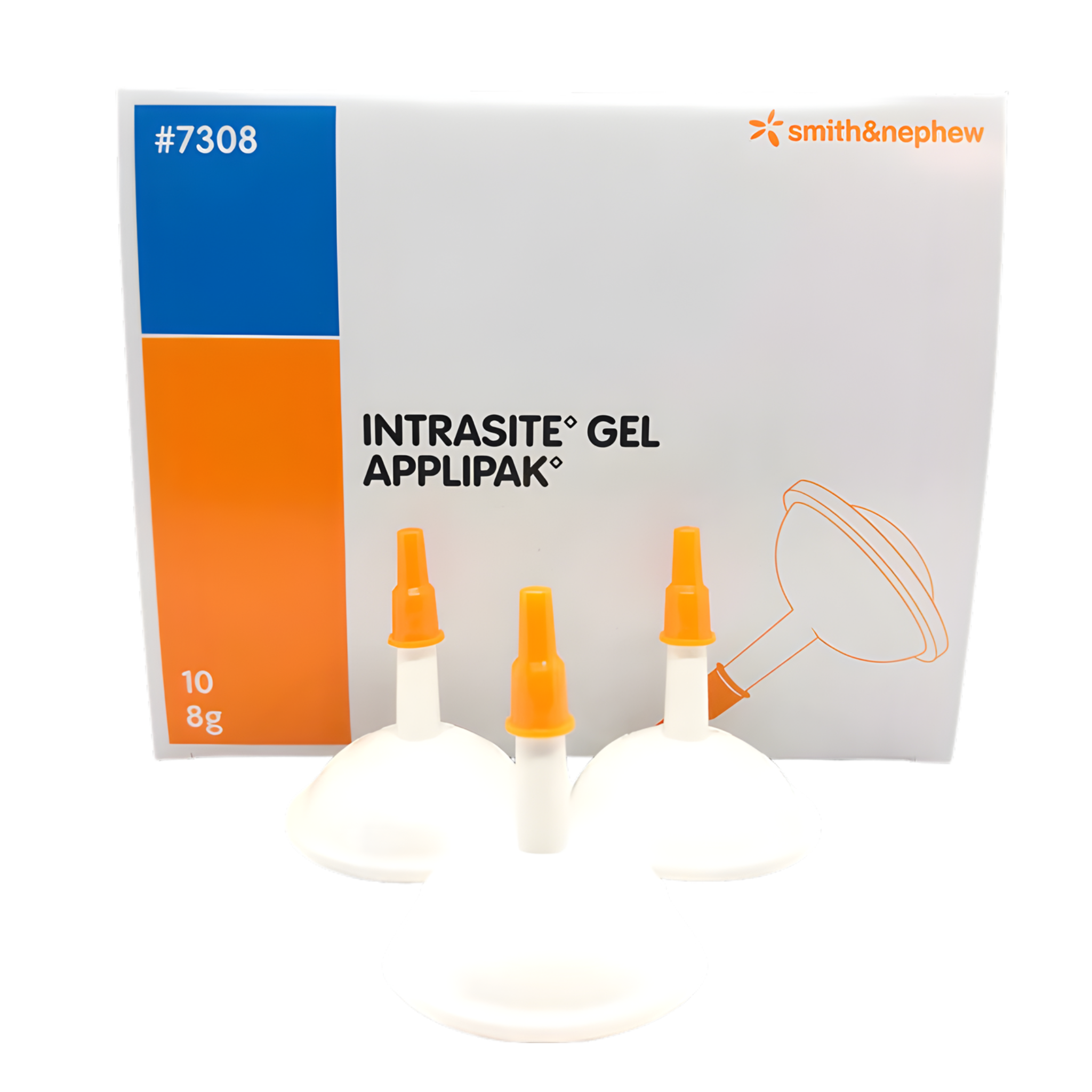 A box of Smith & Nephew Intrasite Gel Applipak, 8g size, displayed with three individual sterile hydrogel dispensers.