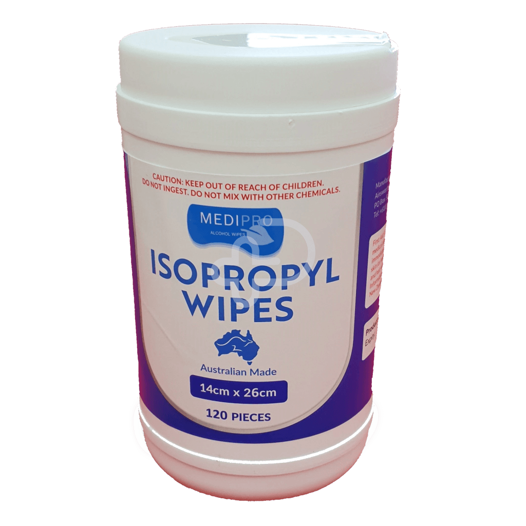 A tub of Medipro Hospital Grade 70% Isopropyl alcohol disinfectant wipes