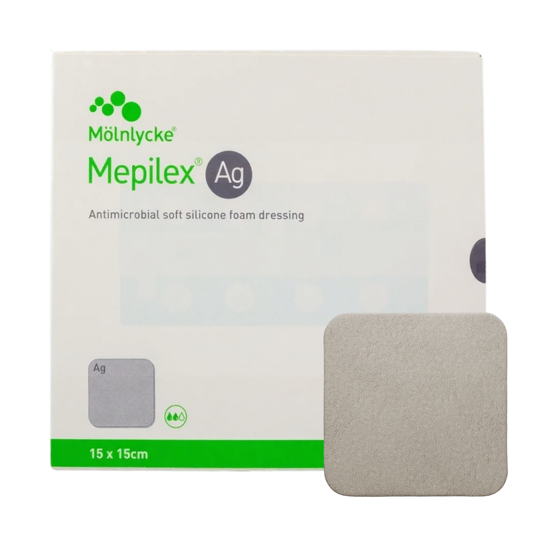 A 15 by 15 cm Mölnlycke Mepilex Ag box, an antimicrobial soft silicone foam dressing, shown with a single square grey dressing pad.