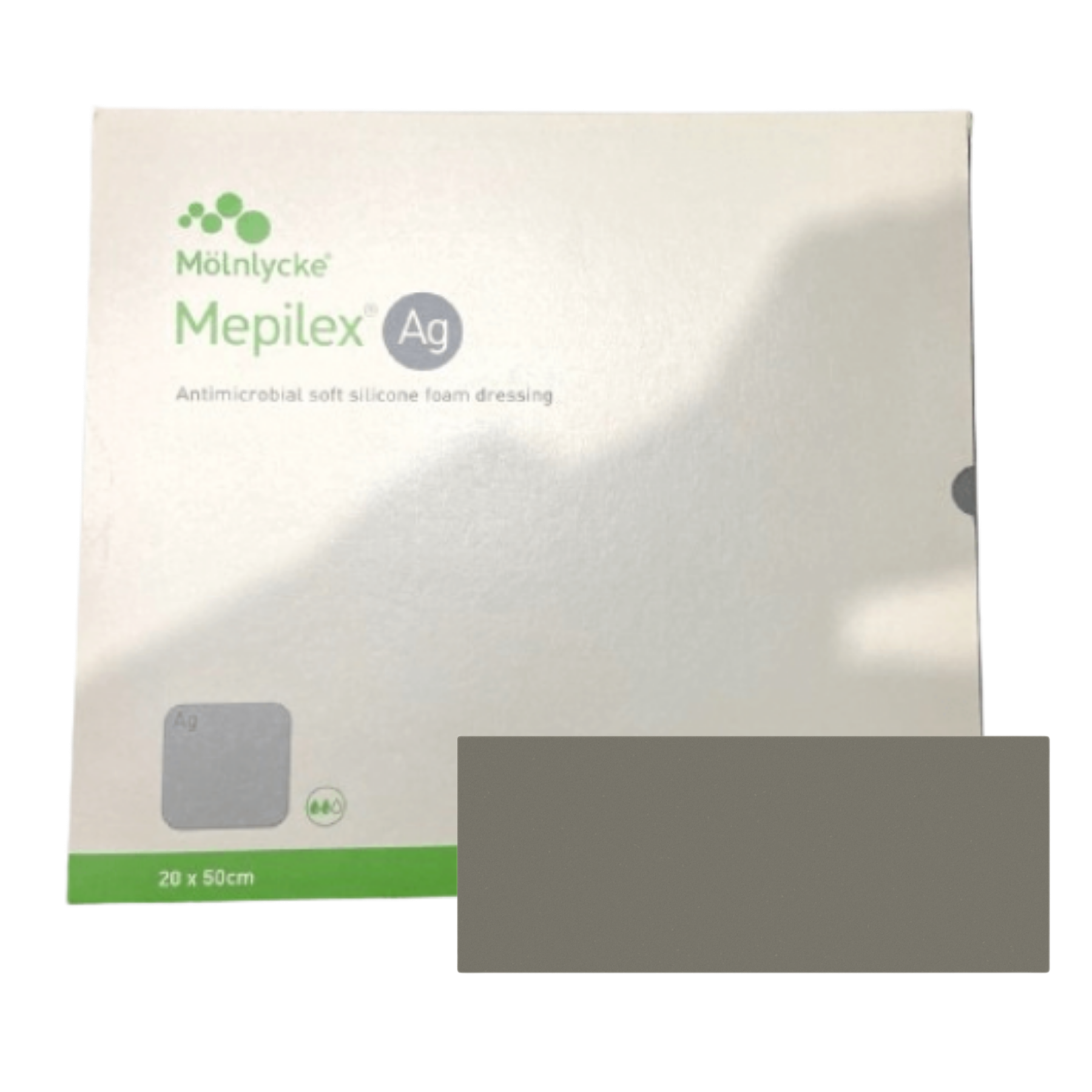 A 20 by 50 cm box of Mepilex Ag dressing shown next to a large, rectangular grey antimicrobial foam dressing pad.