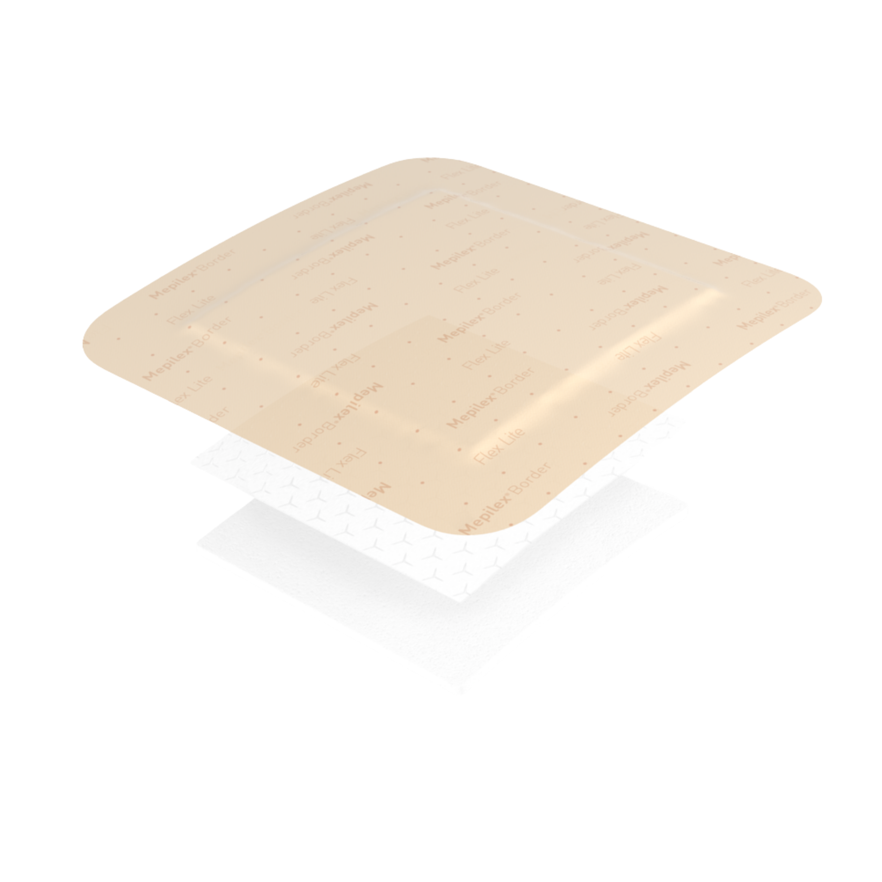 Exploded view of the Mepilex Border Flex Lite dressing showing the multiple layers of the thin, flexible soft silicone foam dressing technology.