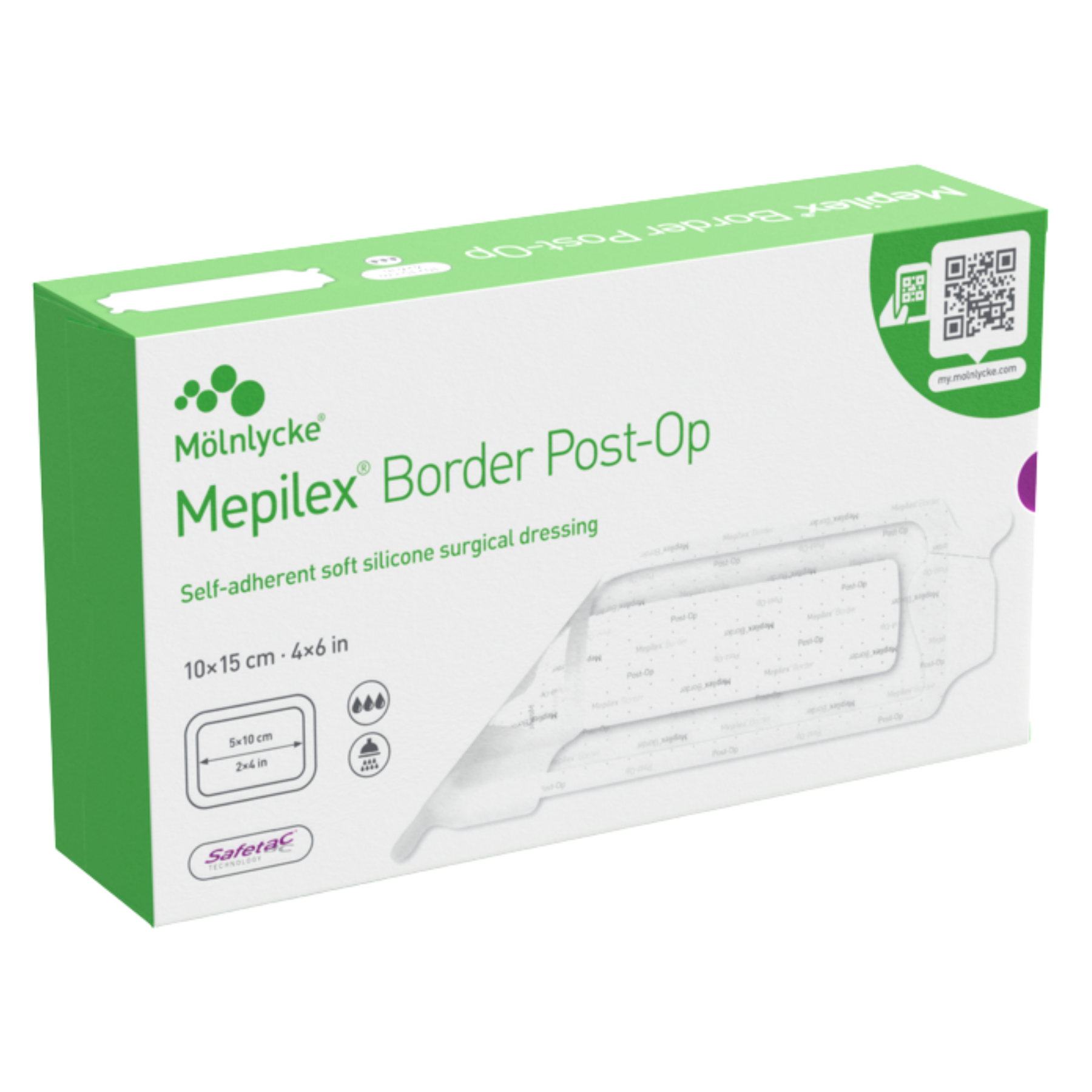 Medical packaging box for Mepilex Border Post-Op dressings, 10 by 15 centimeter dimensions.
