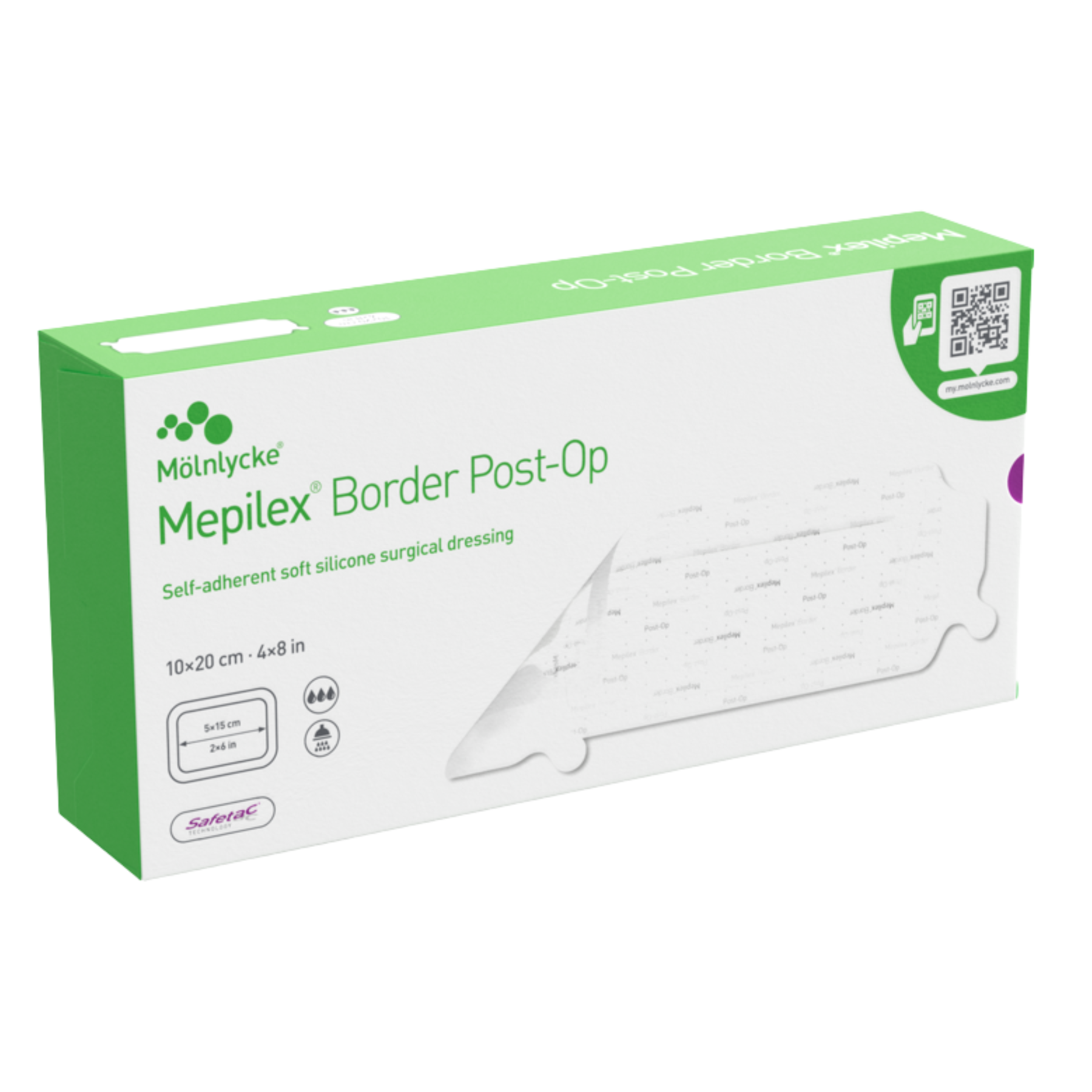 Mepilex Border Post-Op box showing the 10 by 20 centimeter size for post-operative wound care.