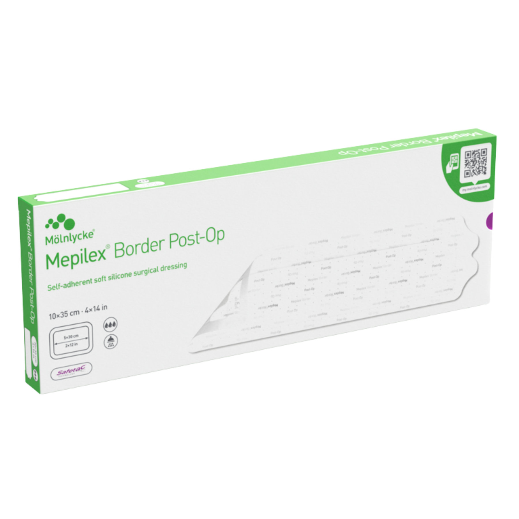 Product packaging for Mepilex Border Post-Op dressings, 10 by 35 centimeter size.