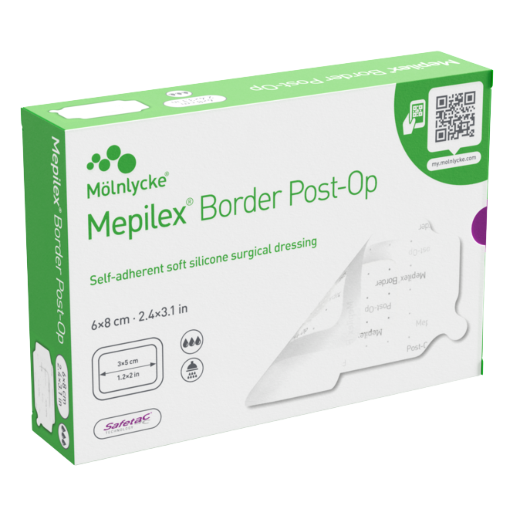 Green and white retail box for Mepilex Border Post-Op surgical dressings, size 6 by 8 centimeters.