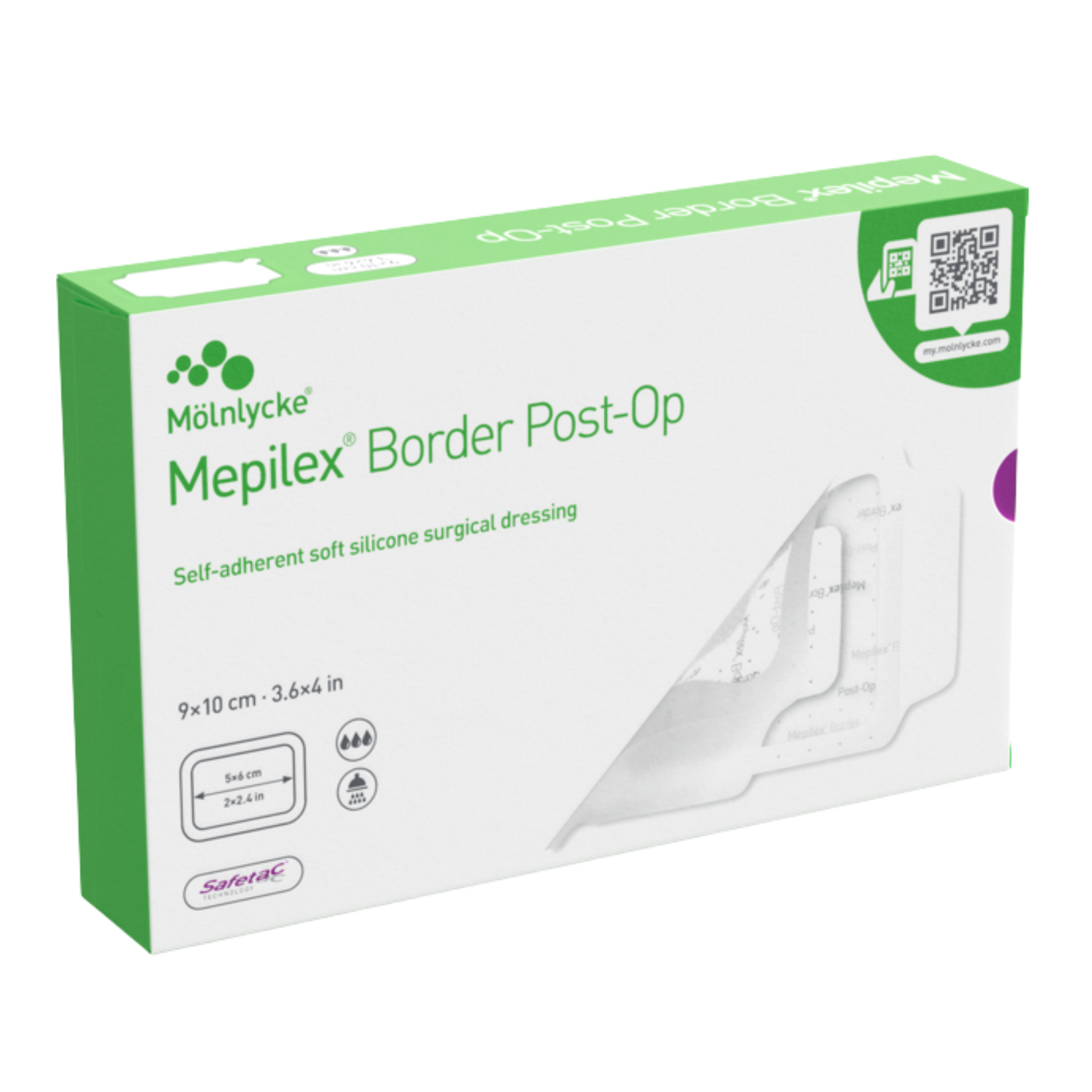 Packaging for Mepilex Border Post-Op self-adherent silicone dressing, size 9 by 10 centimeters.