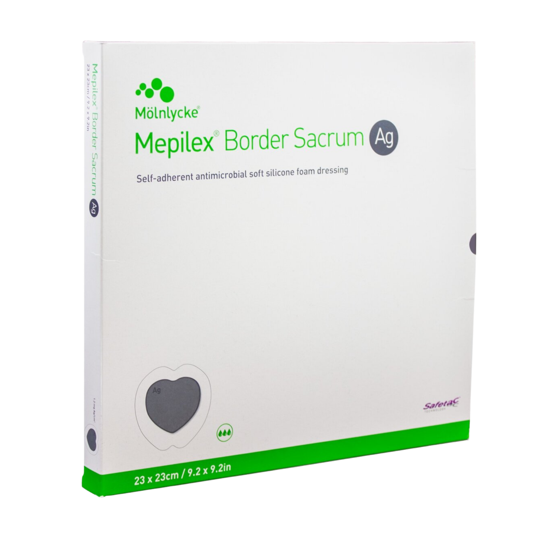 Side view of a box of Mepilex Border Sacrum Ag antimicrobial foam dressings, size 23 x 23 cm (9.2 x 9.2 in).