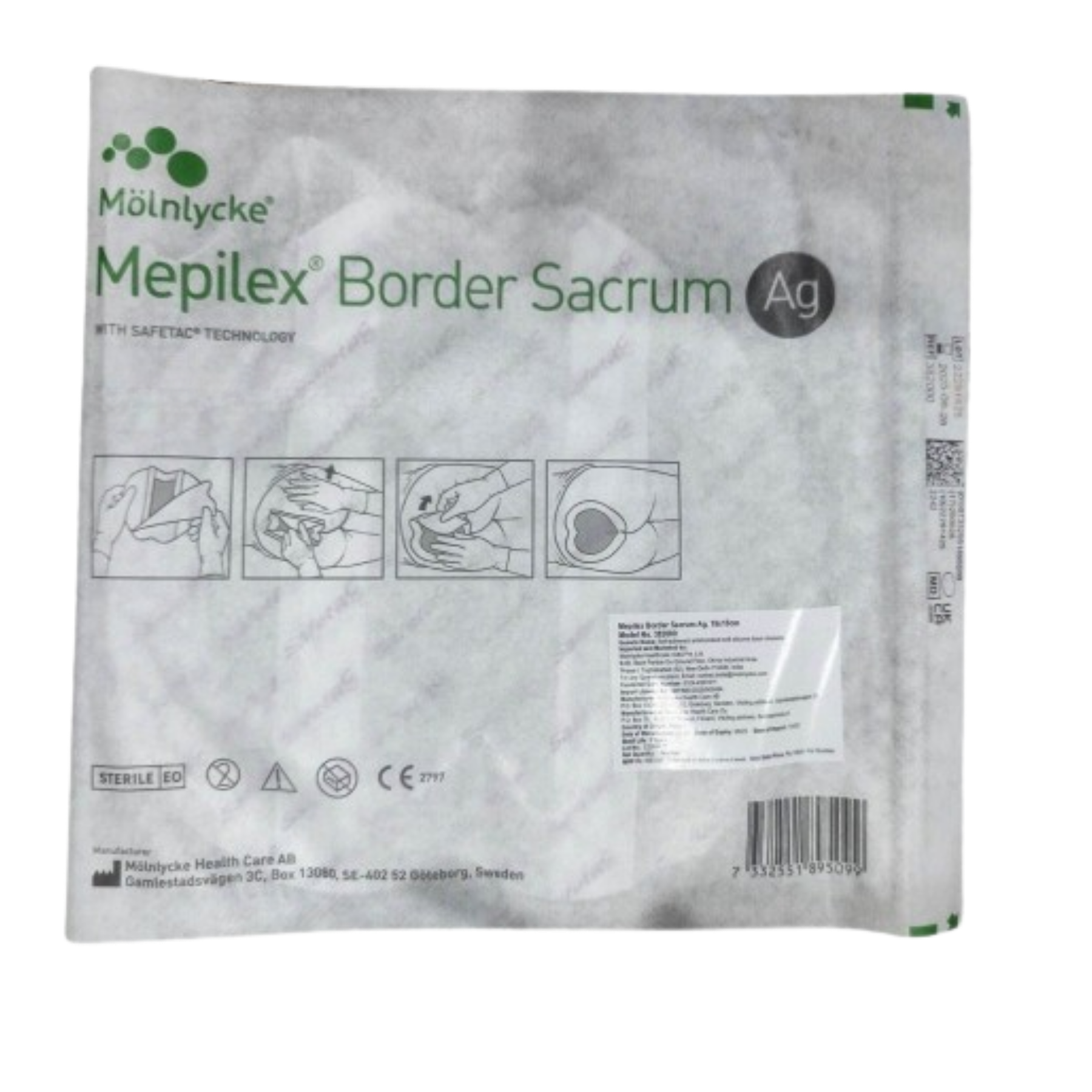 The individual sterile pouch for Mepilex Border Sacrum Ag, featuring illustrated application instructions for the sacral area.