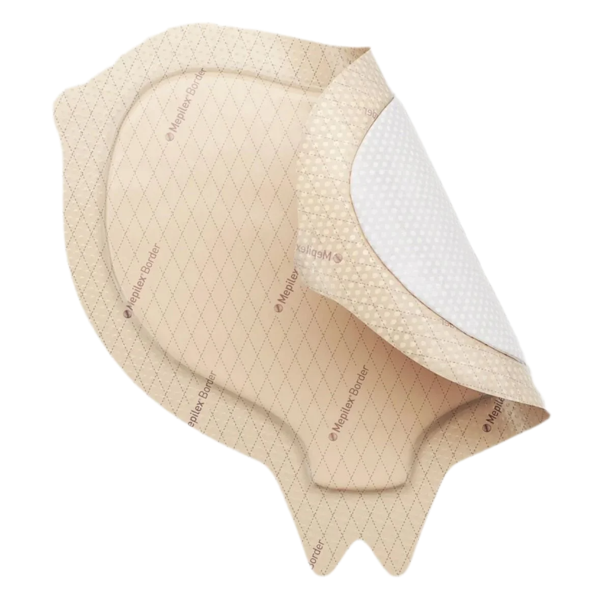 Top-down view of the butterfly-shaped Mepilex Border Sacrum dressing, showing the Safetac technology surface and anatomical design for the sacral area.