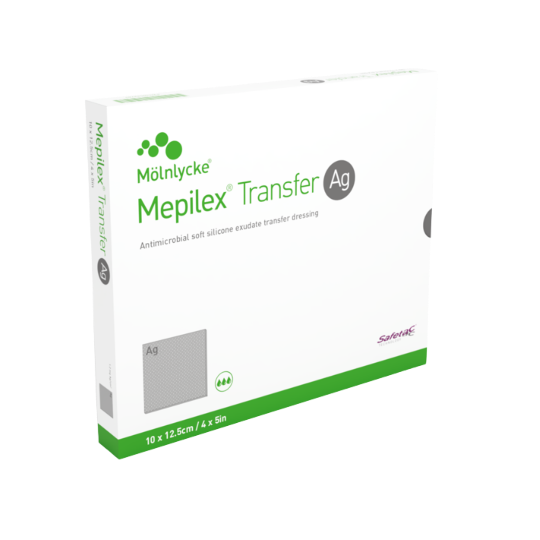 Front and side view of the Mepilex Transfer Ag antimicrobial soft silicone exudate transfer dressing box, size 10 x 12.5 cm (4 x 5 in).