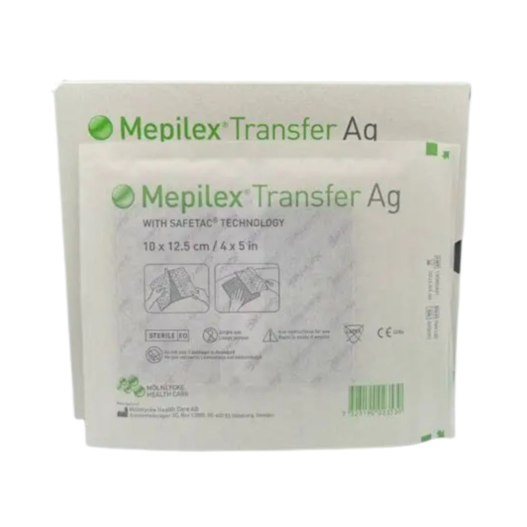 Individual sterile peel-pack for Mepilex Transfer Ag antimicrobial soft silicone exudate transfer dressing, 10 x 12.5 cm.