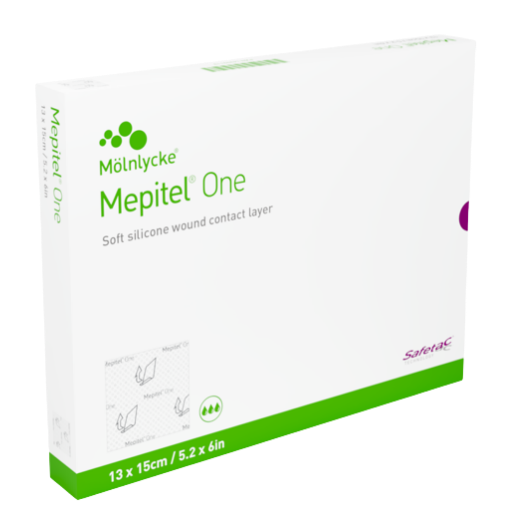 Box of Mepitel One soft silicone wound contact layer, size 13 x 15 cm (5.2 x 6 in).