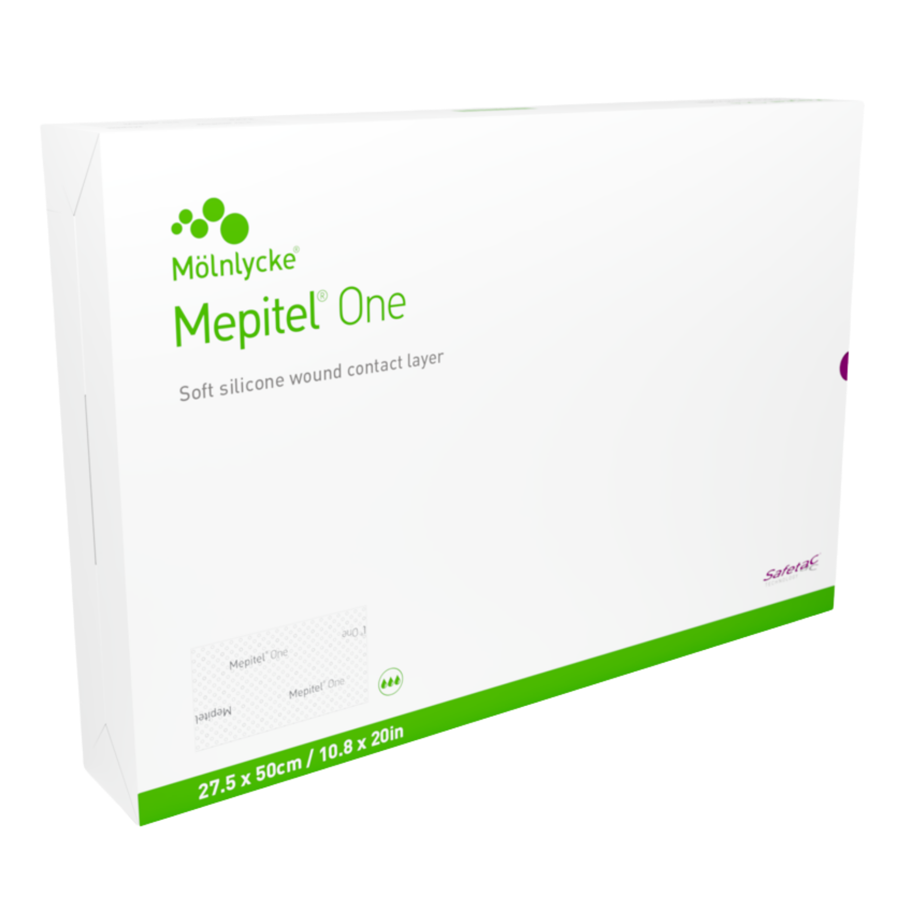 Box of Mepitel One soft silicone wound contact layer, size 27.5 x 50 cm (10.8 x 20 in).