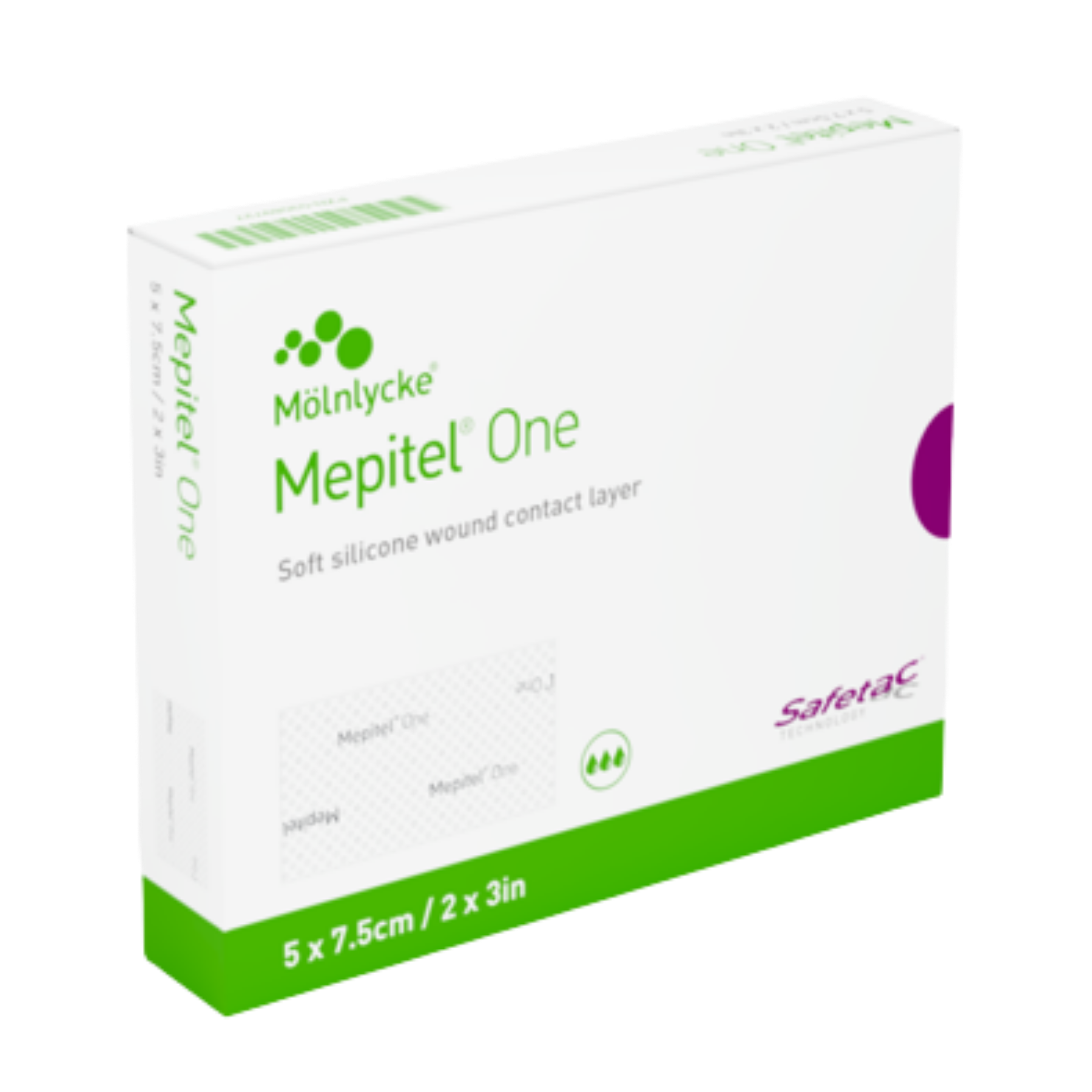 Box of Mepitel One soft silicone wound contact layer, size 5 x 7.5 cm (2 x 3 in).
