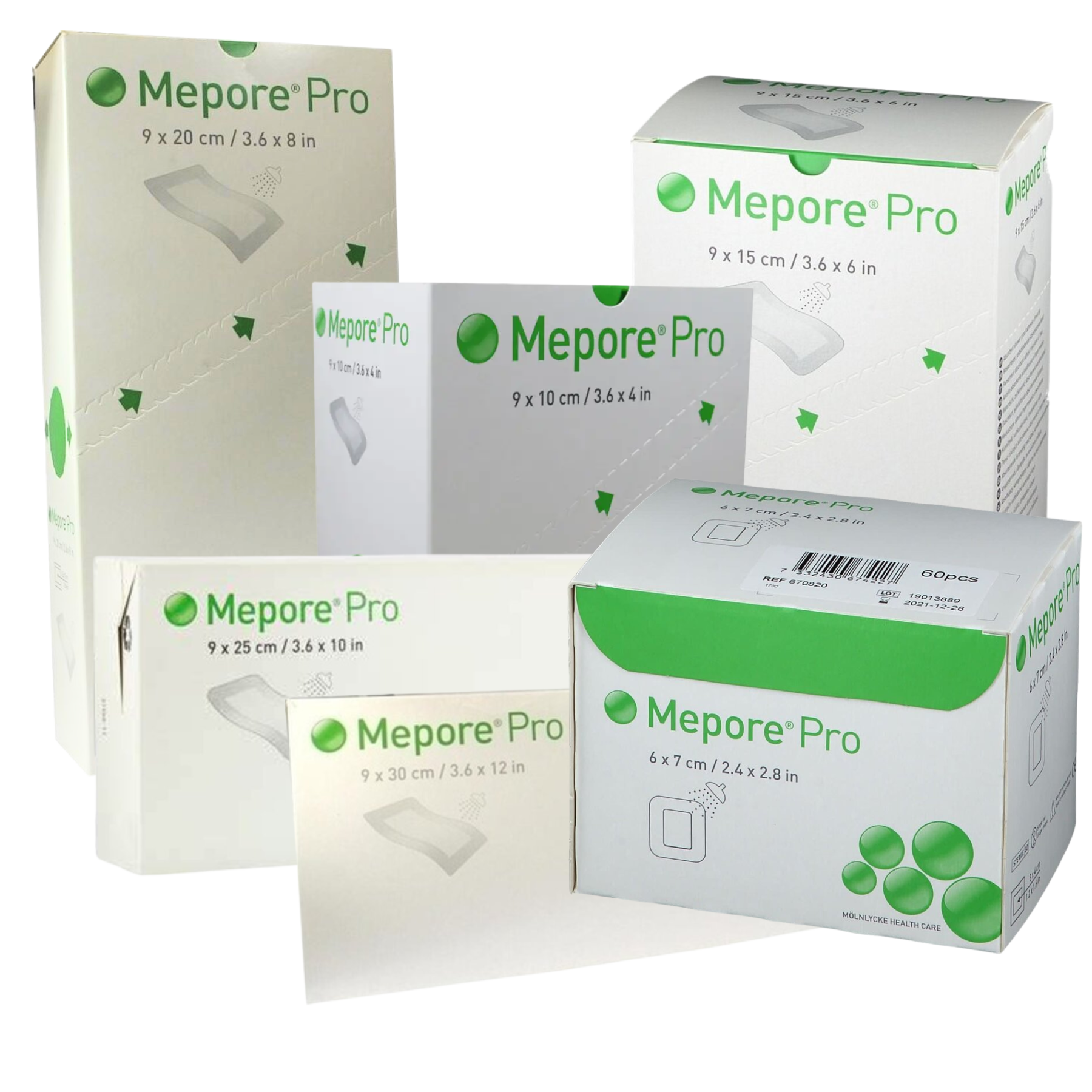 Multiple boxes of Mepore Pro adhesive absorbent dressing in various sizes, displayed with green and white packaging design.