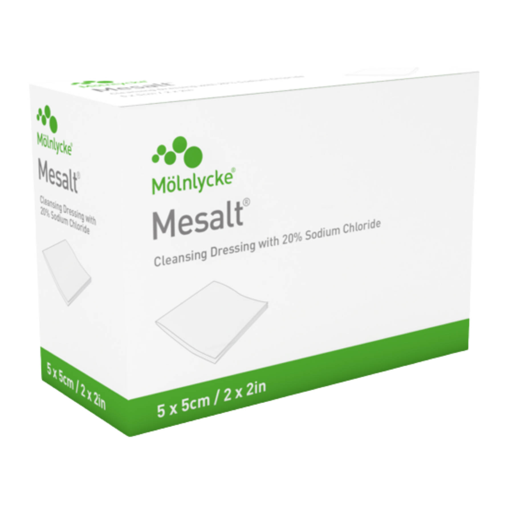Box of Mesalt sodium chloride cleansing dressing, size 5 x 5 cm (2 x 2 in).