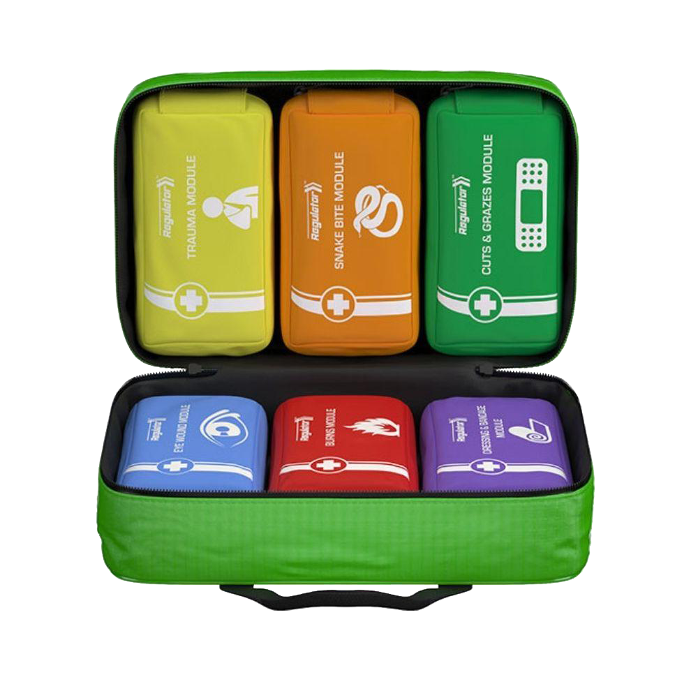 The Modulator First Aid Kit opened to show its organized interior. It contains six individual, color-coded, labeled zipper modules: Yellow (Trauma), Orange (Snake Bite), Green (Cuts & Grazes), Blue (Eye Wound), Red (Burns), and Purple (Dressing & Bandage).