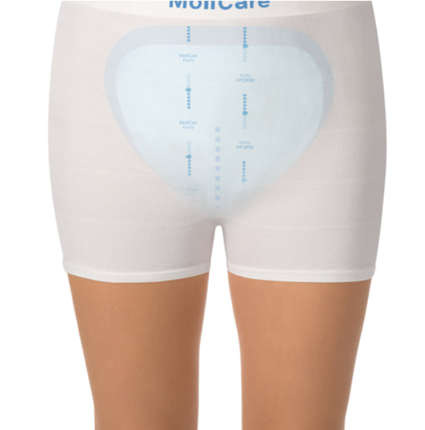 A person wearing white MoliCare Premium Fixpants showing how the mesh material securely holds a large shaped incontinence pad (MoliCare Form) in place.