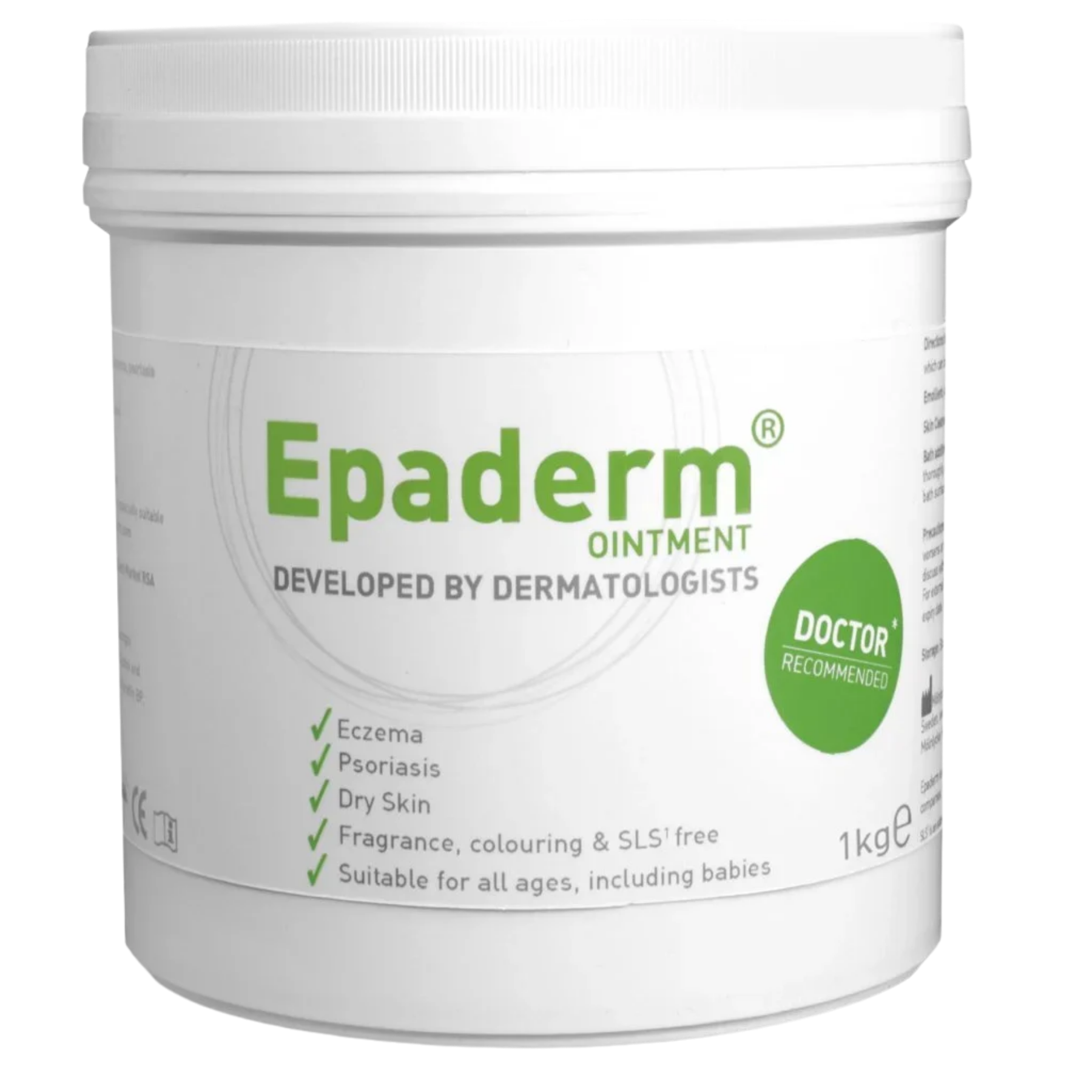Large 1kg tub of Epaderm Ointment by Mölnlycke; preservative-free intensive moisturizer for chronic dry skin conditions and complete emollient therapy.