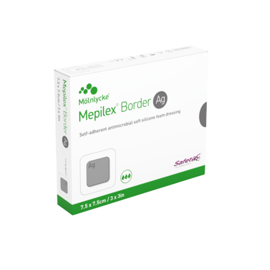 Box of Mölnlycke Mepilex Border Ag self-adherent antimicrobial soft silicone foam dressing, 7.5 x 7.5cm.