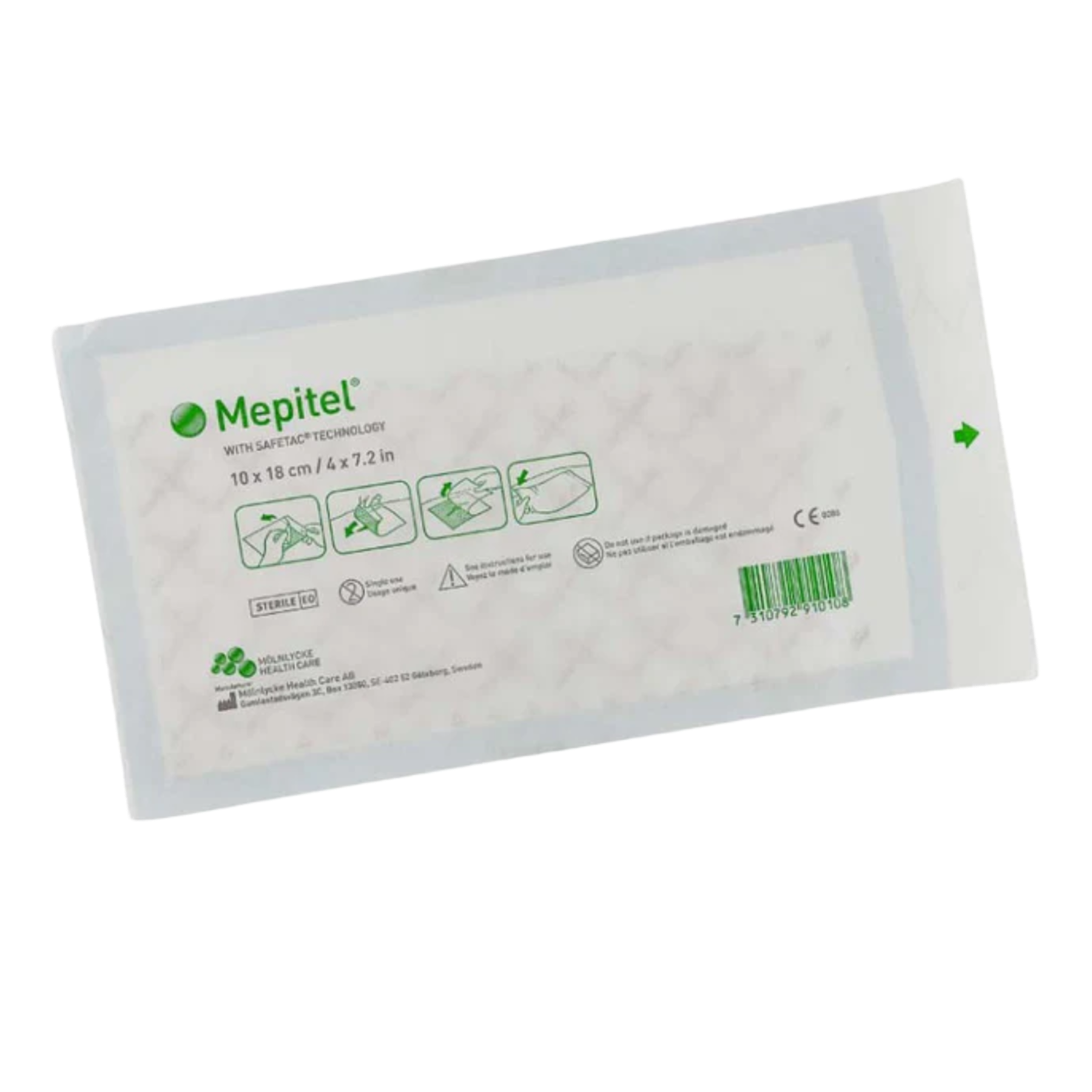 Back view of Mepitel dressing packet showing application diagrams and Safetac technology, size 10 x 18 cm (4 x 7.2 in).