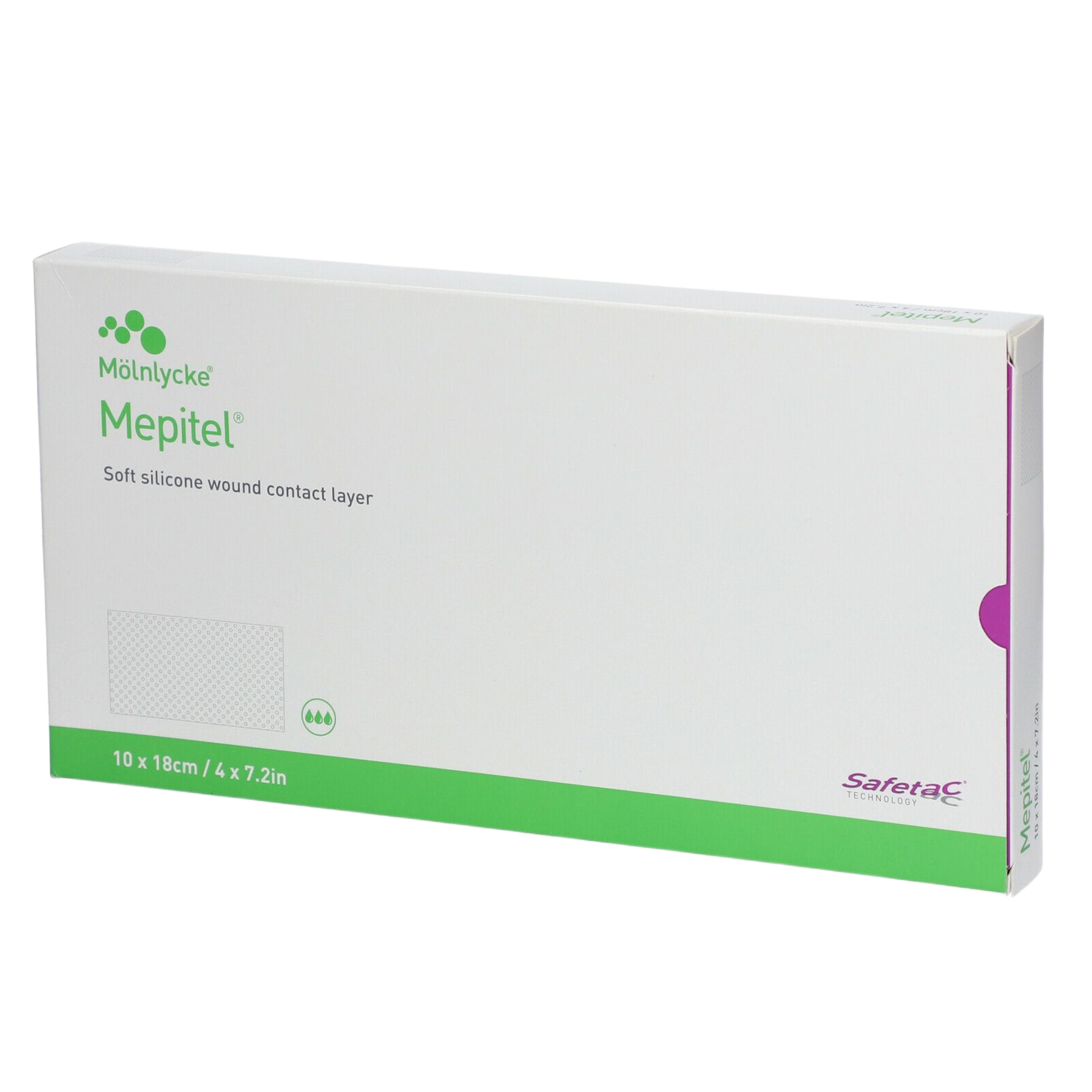 Large box of Mölnlycke Mepitel soft silicone wound contact layers, size 10 x 18 cm (4 x 7.2 in).