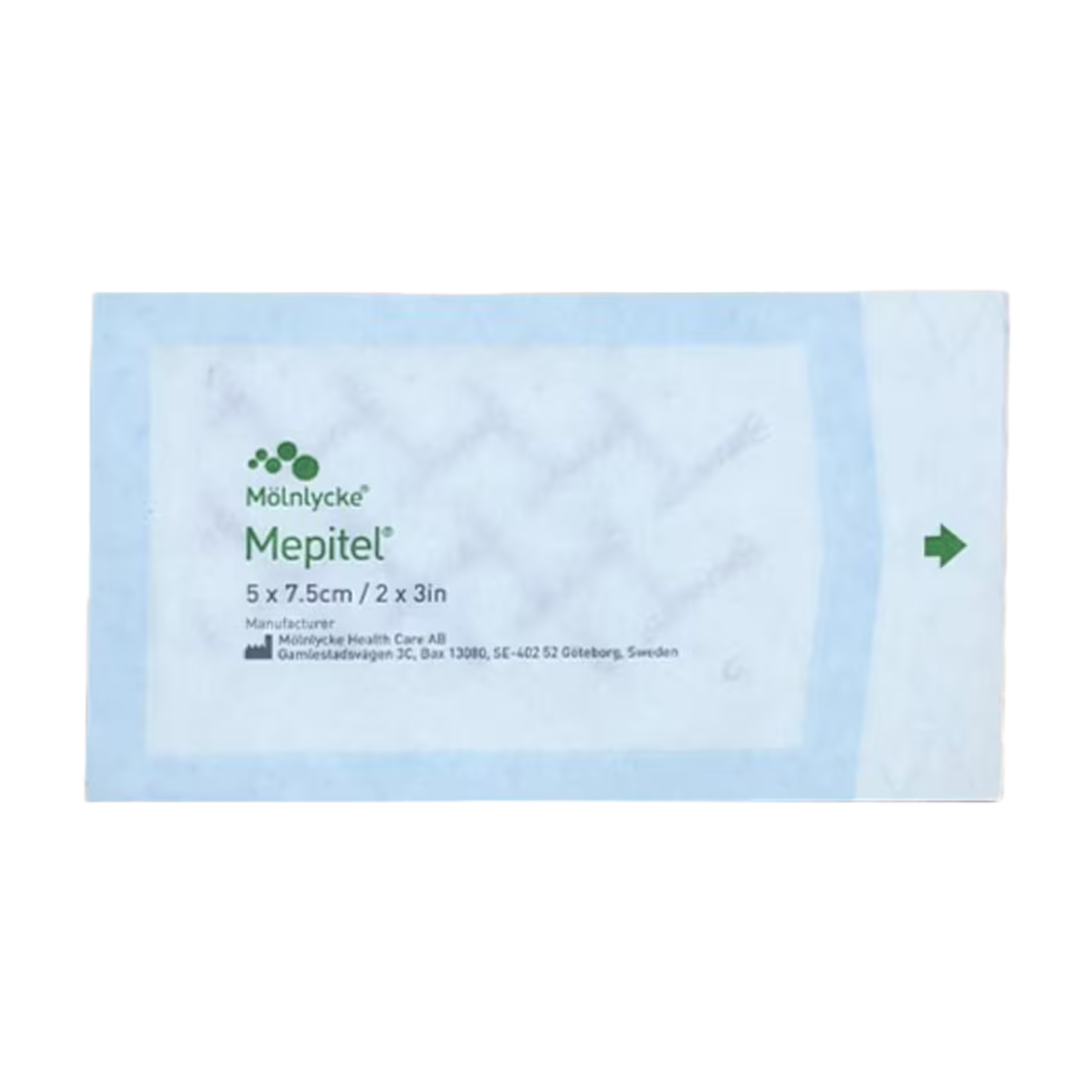 Single sterile pouch of Mölnlycke Mepitel dressing, size 5 x 7.5 cm (2 x 3 in).